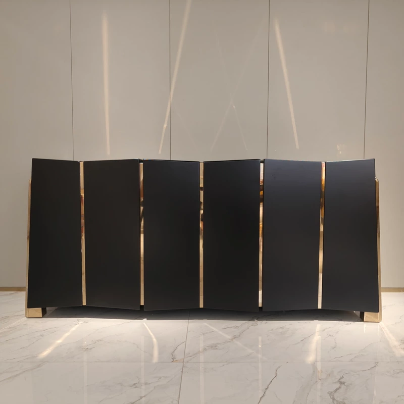 Matte Black Sideboard with Six-Panel Front, Stainless Steel Accents Three Drawers and Interior Shelves